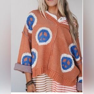 POL Peace Sign Top Sweater Chenille Orange Blue Oversized Boho Women Size Small